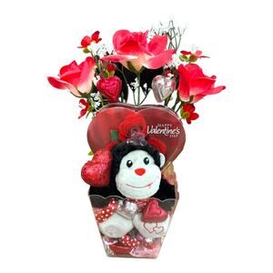 Valentine’s Day Floral Gift Arrangement w/ Plush Monkey, Heart Roses Centerpiece